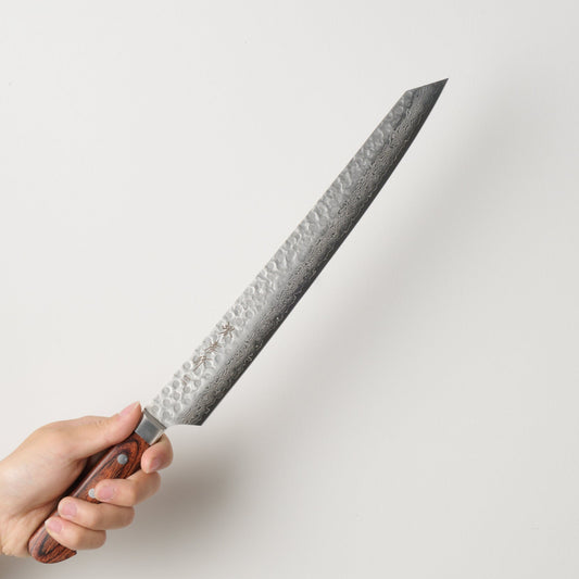 Sakai Takayuki | 17-Layer Damascus Hammered Knife | Sword-Shaped Yanagiba Knife (Double-Edged) | 300mm | Mahogany